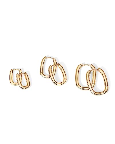 PAVOI 18K Gold Plated 925 Sterling Silver Posts Small Hoop Earrings for Women - Trendy Geometric Plain Chunky Huggie Earscape Piercing Pack - Hypoallergenic Everyday Gold Hoop Earrings Set - style: Rectangle