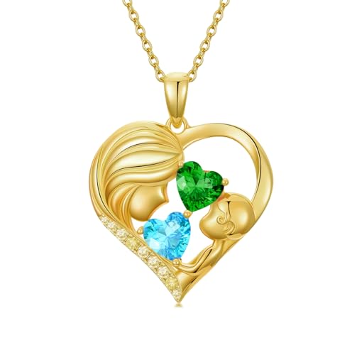 Mothers Day Gifts 14K Yellow Gold Mother Daughter Heart Pendant Necklace with 12 Months Birthstone Birthday Gifts for Mom Anniversarry Jewelry for Mom Wife Girlfriend - color: 03-05-Mar-May Birthstone