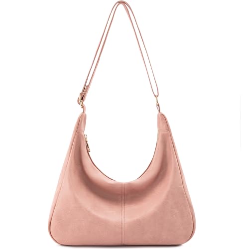 Hobo Bags for Women Foldable Vegan Leather Shoulder Handbag Slouchy Tote Crossbody Purses - color: Pink