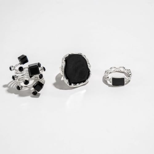 Chunky Black Crystal Statement Rings for Women Gold Large Enamel Round Finger Ring Vintage Cocktail Party Formal Prom Festival Birthday Jewelry - color: Silver