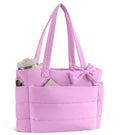 CTWWFS Puffer Tote Bag for Women, Quilted Bow Tote Bag with Cup Holder & 15.6 In Laptop Compartment for Work, Travel, Gym - color: Purple