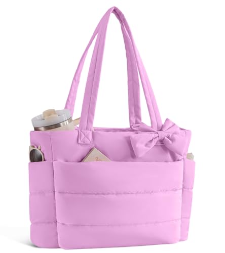 CTWWFS Puffer Tote Bag for Women, Quilted Bow Tote Bag with Cup Holder & 15.6 In Laptop Compartment for Work, Travel, Gym - color: Purple