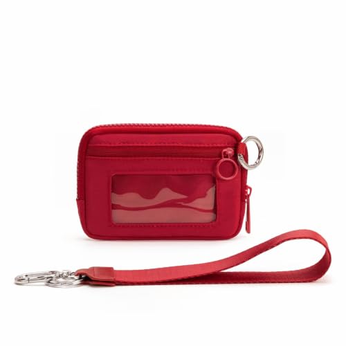 Wristlet Wallet for Women Mini Zip Card Case with Clear ID Window Zipper Coin Purse Lightweight Portable Keychain Wallet - color: Burgundy