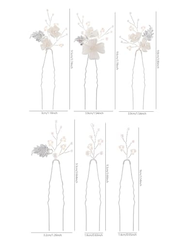Handmade Pearl Bridal Wedding Hair Pins 6Pcs White Flower Gold Leaf Pearls Clips Bridal Hair Accessories for Women Brides Bridesmaid - color: Silver / Pearl White Flower