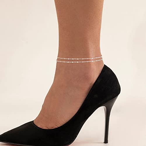 Freekiss Sterling Silver Ankle Bracelets for Women: Dainty Layered Waterproof Anklet for Women Adjustable Womens Anklet Set Stackable Figaro Beaded Cuban Link Anklets Beach Jewelry for Women - color: ANKLET-Single clasp beaded chain-SL