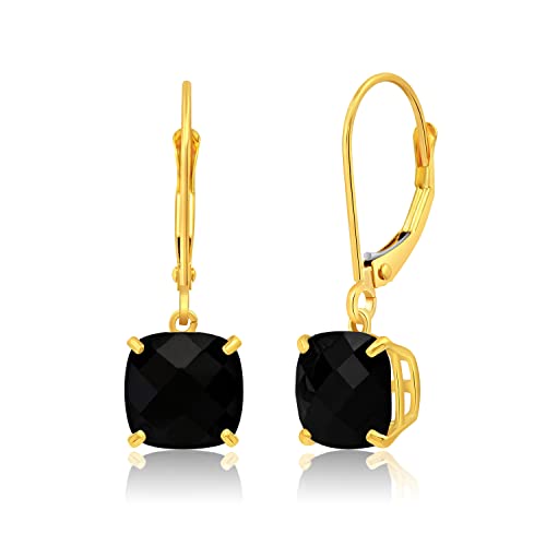 14k White or Yellow Gold Cushion Cut Gemstone Dangle Earrings for Women with 8mm Birthstones by MAX + STONE - color: Onyx