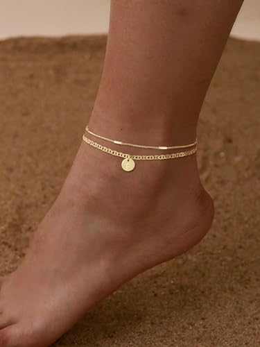 Initial Ankle Bracelets for Women 14K Gold Plated Dainty Layered Round Letter Anklets Beach Jewelry Gift - color: Gold-F