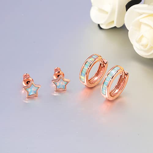 CiNily Huggie Earrings Opal Hinged Hoop Earrings Gold Plated Hypoallergenic Small Hoop Earrings for Women Teen Girls Men Sensitive Ears - color: Rose Gold-Rianbow White