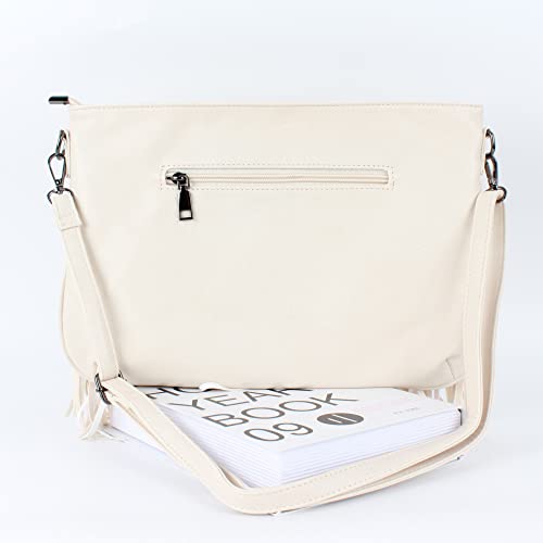 Hoce Women’s Leather Fringe Messenger Bag Large Hobo Crossbody Tassel Shoulder Bags, Gift for Mom Wife Girlfriend - color: Beige