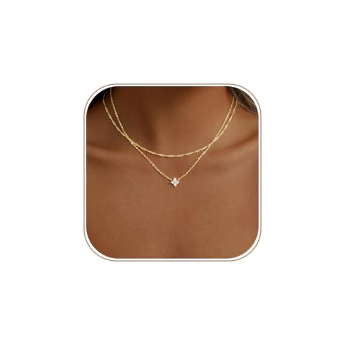 CAROVO Gold Necklace for Women Dainty 14K Gold Plated Choker Cross Flower Cubic Zirconia Necklaces Simple Layered Gold Chain Trendy Jewelry Gifts for Women - style: B:Layered Flowet CZ Necklace