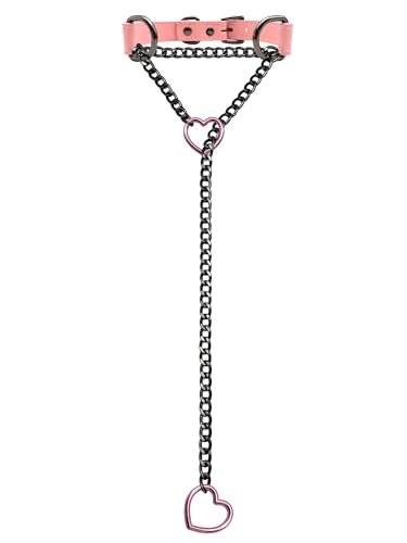 Black Leather Choker Collar For Women, Handmade Heart Slip Chain Choker Long Necklace with Adjustable Buckle - color: B-Pink-Black-Pink, size: 24''chain