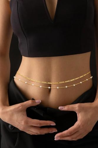 MFRYK 2PCS 14K Gold Plated Waist Chain Layered Pearl Cuban Beaded Satellite Figaro Belly Body Chain Boho Beach Waist Chains For Women Adjustable Waterproof Sexy Bikini Body Chain Jewelry For Women - style: Pearl Figaro Layered-Gold