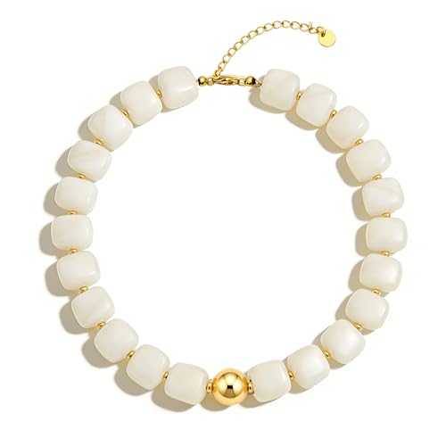 Chunky Beaded Necklace for Women Boho Colorful Statement Choker Necklaces Summer Beach Resin Jewelry Accessories - color: White