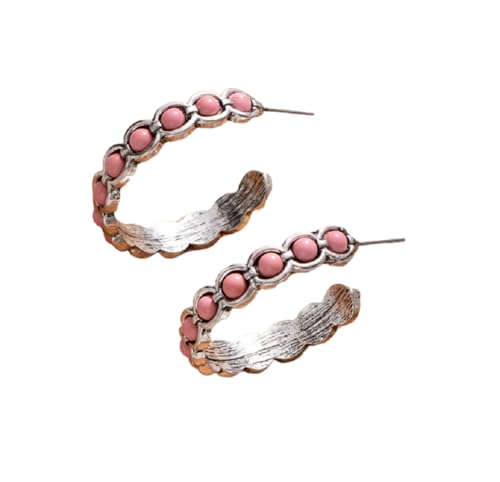 Boho Round Turquoise Hoop Earrings Daisy Flower Turquoise Dangle Earrings for Women Men Vintage Ethnic Accessories Tribal Jewelry - color: Pink