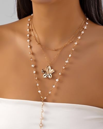 Layered Gold Flower Shell Pearl Necklaces for Women Long Pearl Y-Shaped Necklace Trendy Gold Flower Shell Pendant Necklace Dainty Pearls Choker Summer Jewelry Accessories Gift - color: A2:gold layered necklaces