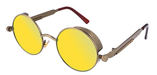 FEISEDY Retro Gothic Steampunk Sunglasses Round Metal Frame Punk Circle Inspired Shade Men B1857 - color: Bronze/Goldgreen
