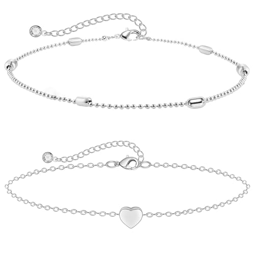 MIDEEO Gold/Silver Ankle Bracelets for Women,14K Gold Anklets for Women Waterproof Cuban Link Heart Beads Herringbone Rhinestone Anklets Set Layered Anklet Bracelets for Women Gold Jewelry Gift - style: 2 Layers Anklet C-SL