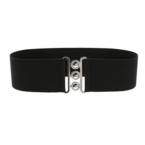 FASHIONGEN - Wide Waist Elasticated Woman Belt Made in France, GLORIA - color: Black (Silver Buckle), size: Medium / waist size 30 to 32