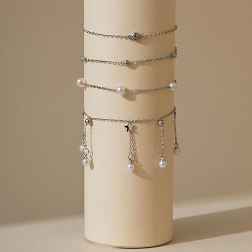 LOFITOR Ankle Bracelets for Women Glitter Waterproof Adjustable Anklet Set for Women 18K Gold Plated Silver Charm Dainty Layered Anklets, Summer Beach Anklet Jewelry for Women - style: Pearl Silver