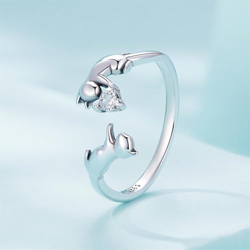 BISAER 925 Sterling Silver Ring Adjustable Cute Unique Cat Snake Butterfly Dragonfly Fashionable Ring For Women Jewelry - color: Silver Cat