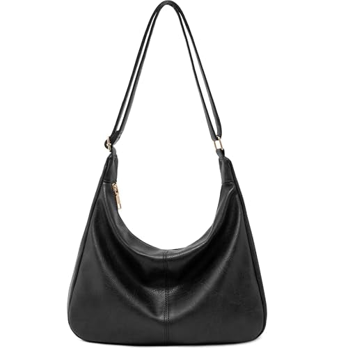 Hobo Bags for Women Foldable Vegan Leather Shoulder Handbag Slouchy Tote Crossbody Purses - color: Black
