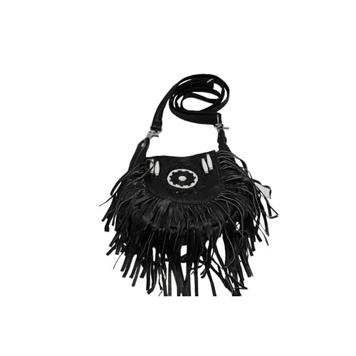 Women’s Genuine Leather Crossbody Belt Bag with Fur Fringe, Braided Bead Handcrafted Design, Clip-On Hip Fanny Pack with Jeans Loop, (J2400LB, Black) - color: Black