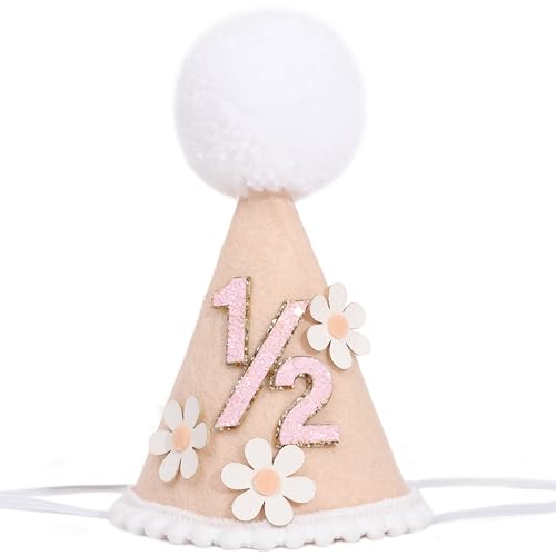 Daisy 1/2 Birthday Cone Hat - Bohemian 6 Months Birthday Decorations,Spring Flower Party Crown Photo Props - color: 1/2 Brithday