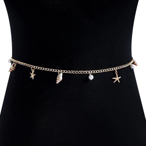 Boho Pearl Shell Waist Body Chain Starfish Conch Belly Chain Beach Bikini Body Chain Ocean Trinkets Waist Chain Belt - color: Gold