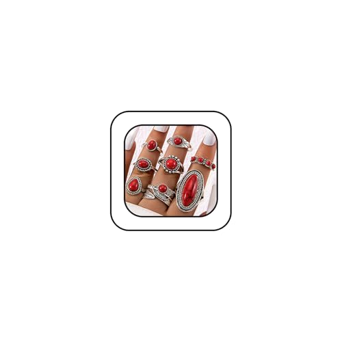 Western Rings Set for Women Red Boho Turquoise Ring Vintage Stackable Knuckle Rings Bohemian Cowboy Cowgirl Jewelry Country Concert Outfits - color: red