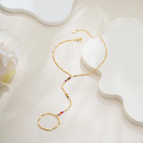 Hand Chain Bracelets for Women - 14K Real Gold Plated Dainty Stackable Paperclip Link Bracelets Hand Chain Bracelet Ring Gold Bracelets for Women Trendy - color: Colorful Sparkle Hand Chain