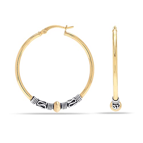 LeCalla 925 Sterling Silver Large Hoop Earrings | Lightweight Antique Bali Hoops | Two-Tone Bohemian Oxidized Balinese Earrings for Women - color: Two-Tone Bali-35mm