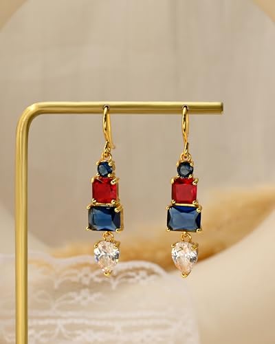 Colorful Cubic Zirconia Dangle Earrings for Women Multicolor Crystal Earrings Rainbow Cz Dangling for Birthstone Jewelry - color: Red and Blue