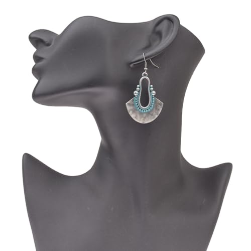 Boho Antique Carved Flower Dangle Drop Earrings for Women Vintage Retro Handmade Hollowed Antiqued Bronze Floral Shaped Geometric Gold Silver Plated Hoop Earrings for Ethnic Style Jewelry Gifts - color: Antique Silver