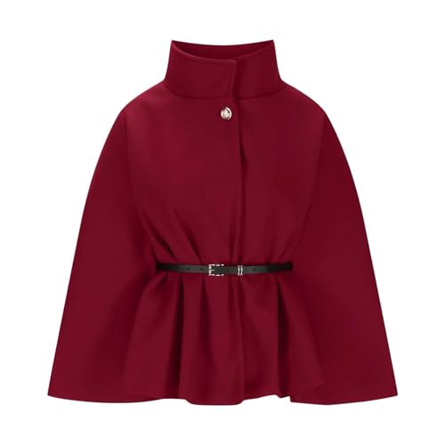 Zaswen Batwing Long Sleeve Cloak Coats for Women Fall Winter Stand Up Collar Oversized Cape Poncho Jackets with Belted - color: Wine Red, size: Medium
