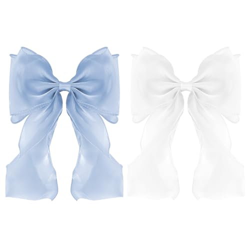 Large Hair Bow Clips for Women, White Light Blue Bow Hair Barrettes with Long Tail French Hair Ribbon Clips Hair Accessories for Girls (White,Light Blue) - color: White,Light Blue
