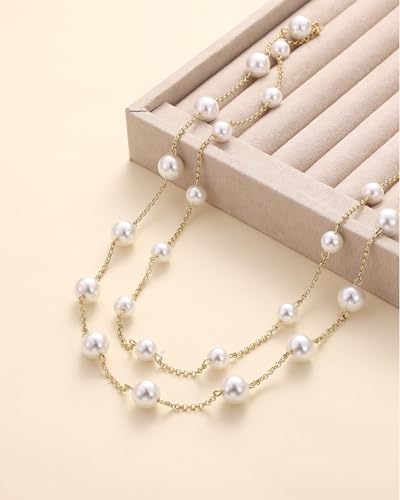 TEN MIRO 16k Gold Plated Chunky Gold Plated Necklace for Women Non Tarnish, 36'' /92cm Long Chunky Heart Necklace layered Puffy Heart Necklaces Long Thick Pendant Bold Statement Necklaces for Women Trendy - style: Gold Plated Double Layered Pearl Necklace