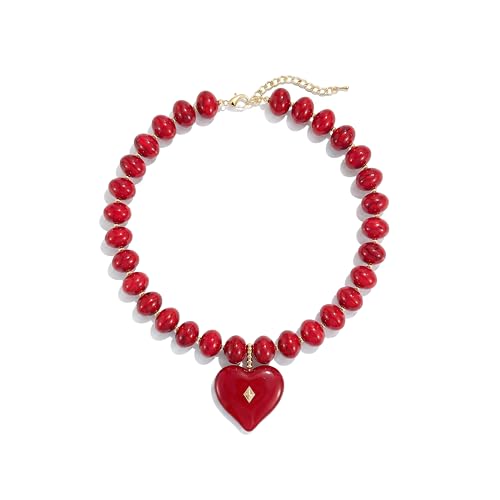Elegance 11 designs Chunky Heart Necklace for Women, Colorful Acrylic Beaded Statement Puff Heart Necklace, Cute Boho Y2K Choker Necklace for Gift Jewelry - color: Red