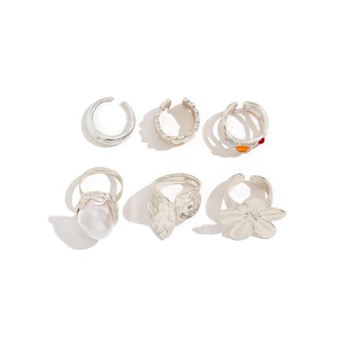 Gold Silver Chunky Ring Set for Women,Open Stacking Knuckle Statement Ring,Boho Flower Baroque Pearl Rings Set,Minimalist Aesthetic Rings Jewelry Gifts - color: Silver