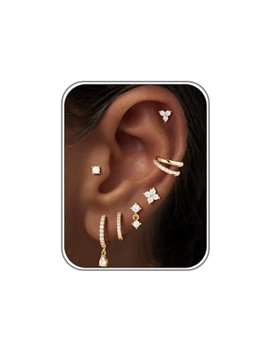 M MOOHAM Flat Back Earring Stacks for Women, Hypoallergenic 14k Real Gold Plated Hoop Stud Cartilage Earrings Stack Set Small Cute Helix Huggie Hoop Drop Earrings Trendy Jewelry Gifts for Women - color: 14K-Gold-Plated