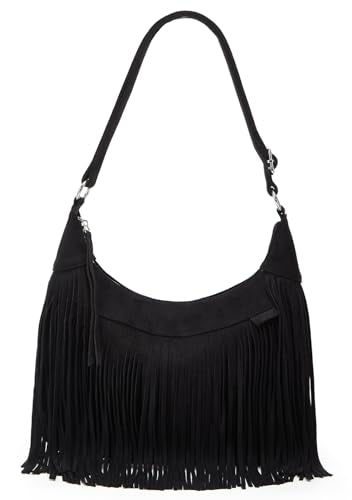 Suede Fringe Crossbody Bag for Women Ladies Stylish Leather Shoulder Bag Purse Handbag Fall Winter Spring - color: Black