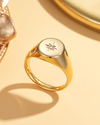YeGieonr Non Tarnish Gold Rings for Women, Waterproof Gold Signet Ring, 18K Gold Plated Stackable Rings for Everyday Wear - color: Oval North Star