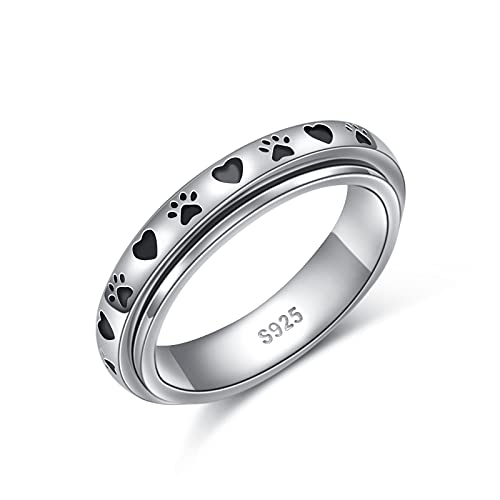 Ladytree Spinner Fidget Ring Sterling Silver Thumb Band for Women Anxiety Ring Platinum Plated Worry Stress Relief Just Breathe Boredom ADHD Autism Rings Boho Jewelry Gift - color: A-pet paw print heart