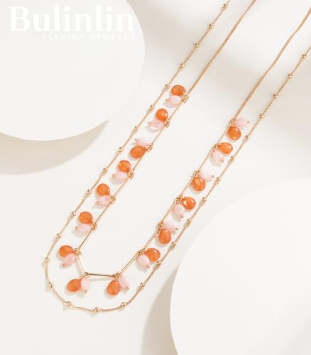 BULINLIN Layered Long Necklaces for Women Long Beaded Chain Necklace CostumeJewelry Mothers Day Gifts for Mom - color: Orange pink