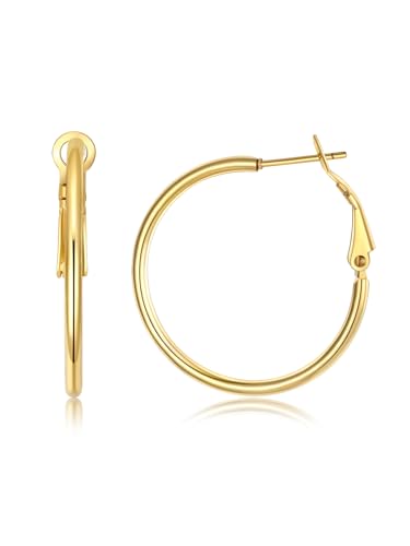 FOCALOOK 14K Gold Plated Lightweight Large Hoops| 2mm Thin Hoop Earrings for Women 30/40/50/70/100mm - color: 01.Gold, size: 30mm
