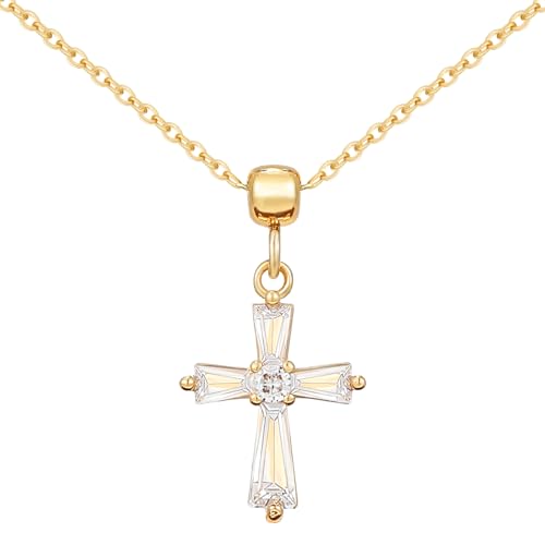 14K Gold Plated Cross Pendant Necklaces for Women Trendy, Dainty Choker CZ Cross Necklace Non Tarnish,Simple Tiny Cross Necklace for Jewelry Gifts - style: T-Crystal Gold