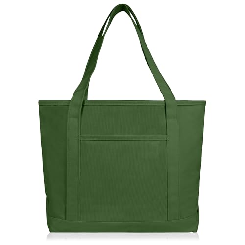 DALIX 20" Solid Color Cotton Canvas Shopping Tote Bag in Olive - color: Olive