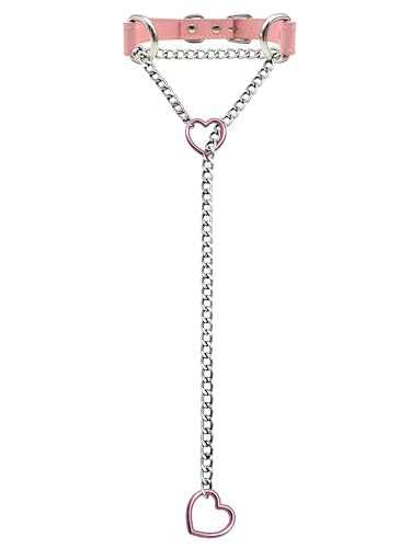 Black Leather Choker Collar For Women, Handmade Heart Slip Chain Choker Long Necklace with Adjustable Buckle - color: B-Pink-Silver-Pink, size: 24''chain