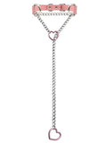 Black Leather Choker Collar For Women, Handmade Heart Slip Chain Choker Long Necklace with Adjustable Buckle - color: B-Pink-Silver-Pink, size: 24''chain