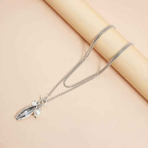 Unique Black Geometric Oval Rhinestone Pearl Pendant Necklace, Vintage Punk Long Leather Rope Choker for Women Trendy Silver Sweater Chain Jewelry Gift - color: Silver