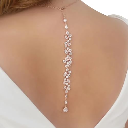 Simple Crystal Leaf Back Chain Body Jewelry for Women Festival Rhinestone Necklace Bridal Wedding Backdrop Body Accessories Jewelry - color: Gold